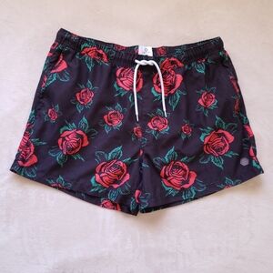 Empyre Black Red Ollie Rose Lined Swim Trunks Board Shorts